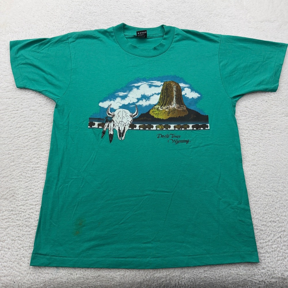Vintage 90s Fruit of the Loom BEST Devils Tower Wyoming T-Shirt Mens L Green USA